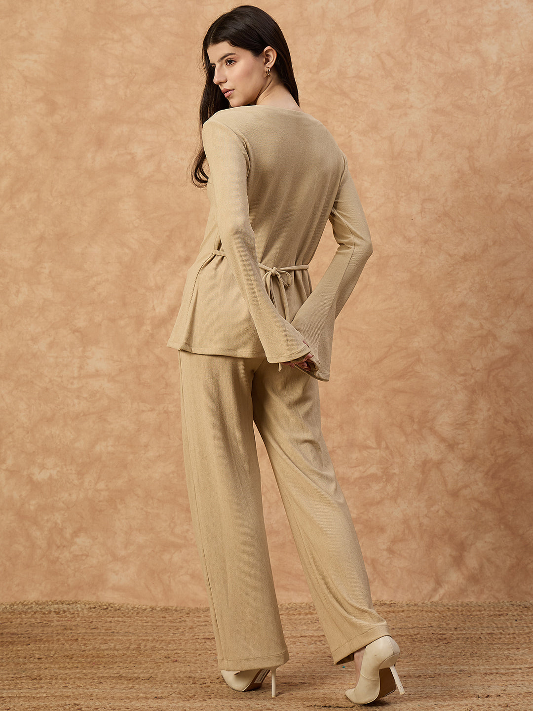 Women’s Beige Knit Stretch Co-ord Set with Full Sleeves Top and Straight Pants