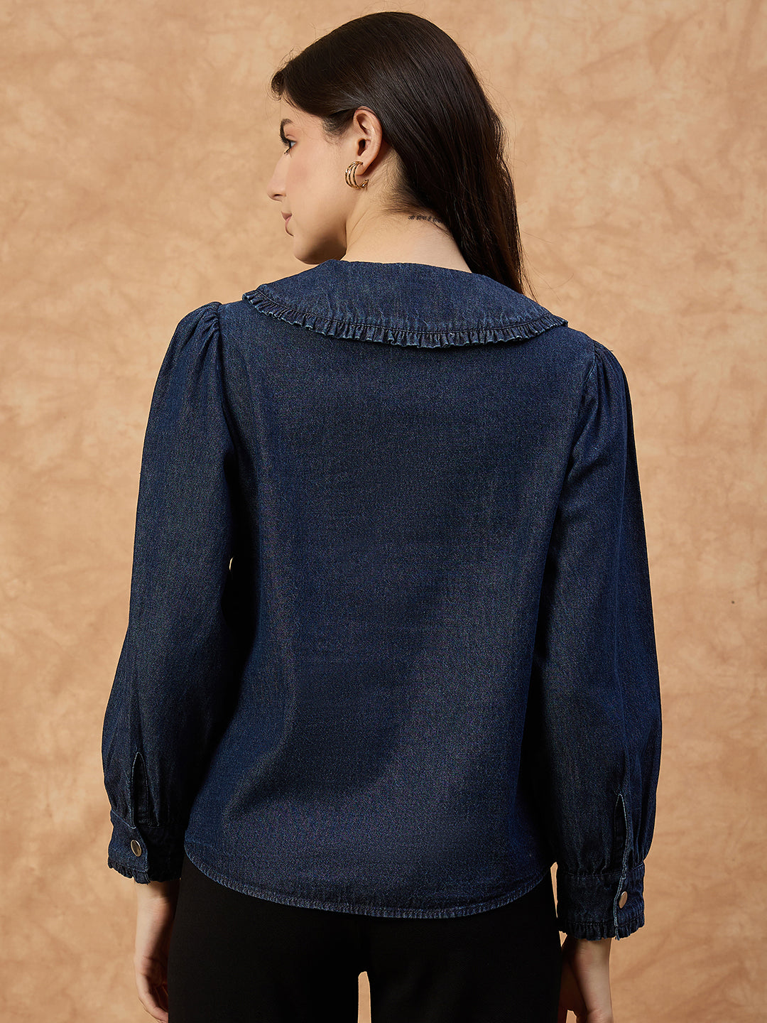 Women’s Dark Blue Denim Top with peter pan Collar & Pin-Tuck Detailing