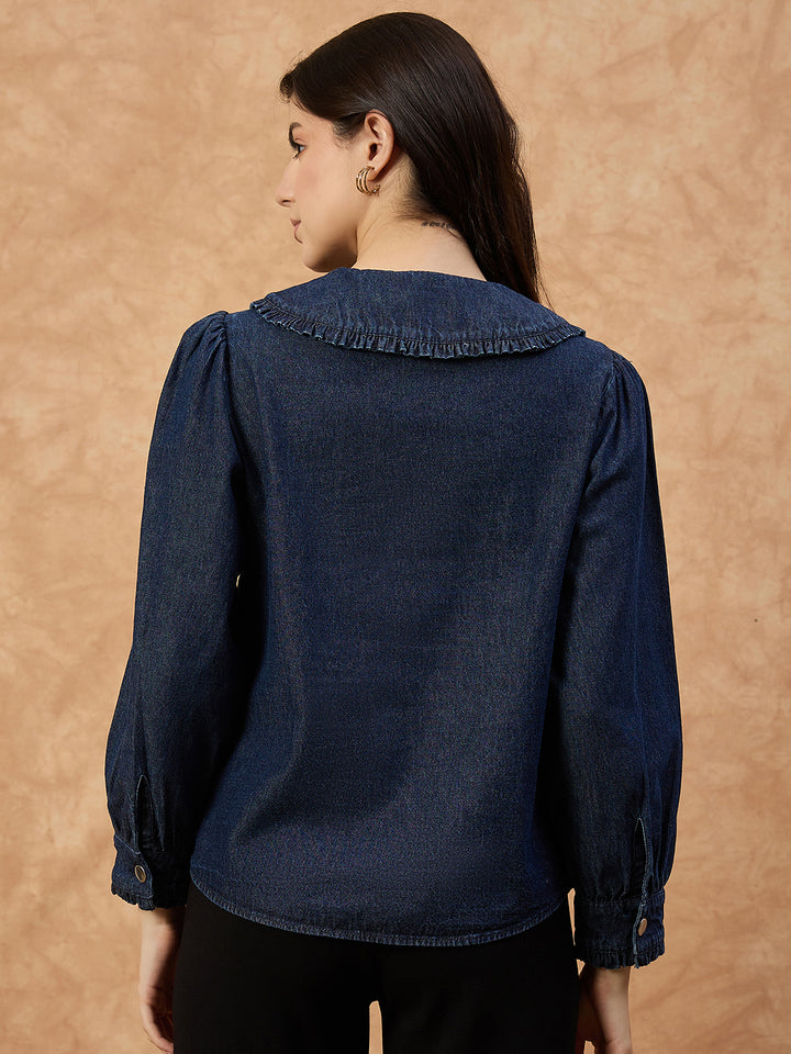 Women’s Dark Blue Denim Top with peter pan Collar & Pin-Tuck Detailing