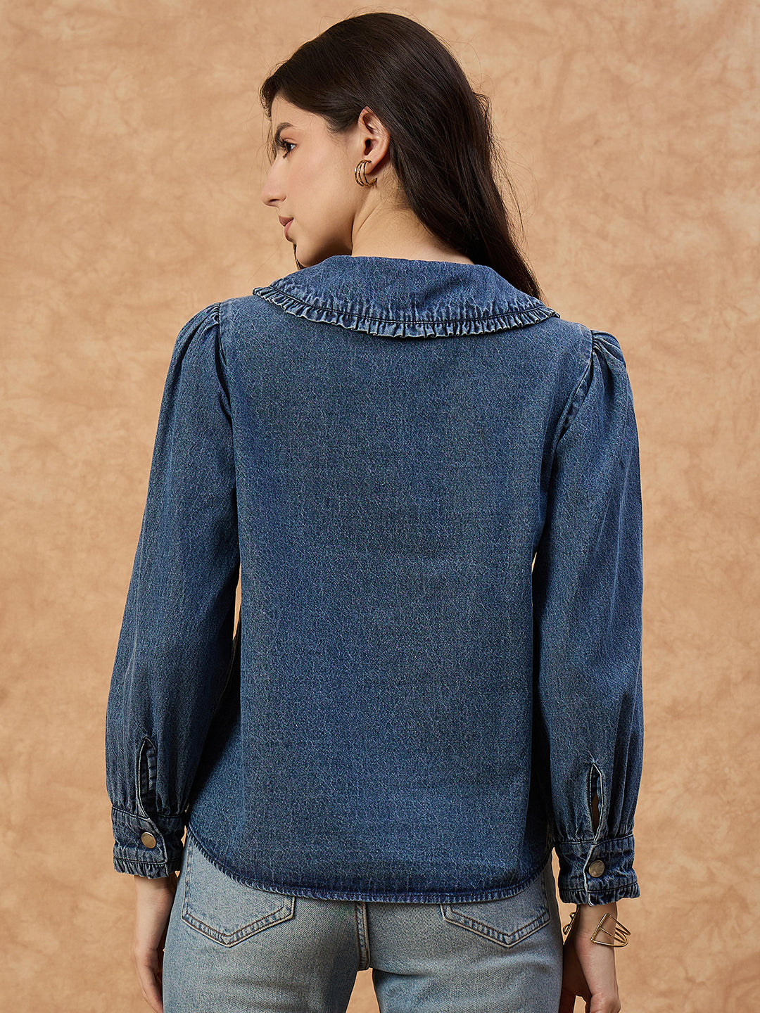 Women’s Dark Blue Denim Top with peter pan Collar & Pin-Tuck Detailing