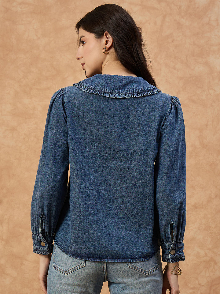 Women’s Dark Blue Denim Top with peter pan Collar & Pin-Tuck Detailing