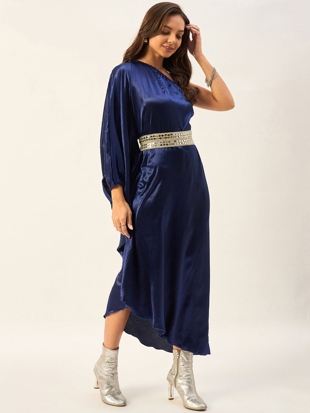 one shoulder kaftan dress with mirror work belt