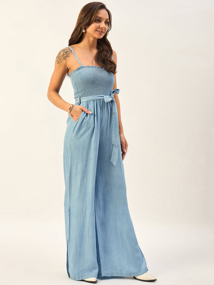 SMOCKED CAMISOLE TENCEL JUMPSUIT WITH SIDE SLITS