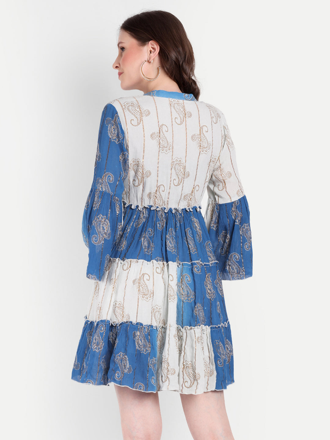 PRINTED TIERED SHORT DRESS WITH BELL SLEEVES