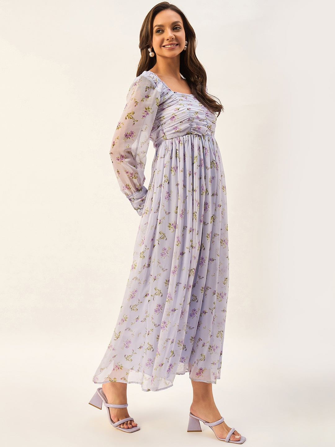 PRINTED FULL SLEEVE CHIFFON MIDI DRESS