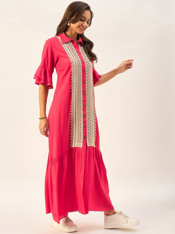 SHIRT COLLAR MAXI DRESS WITH BELL SLEEVES