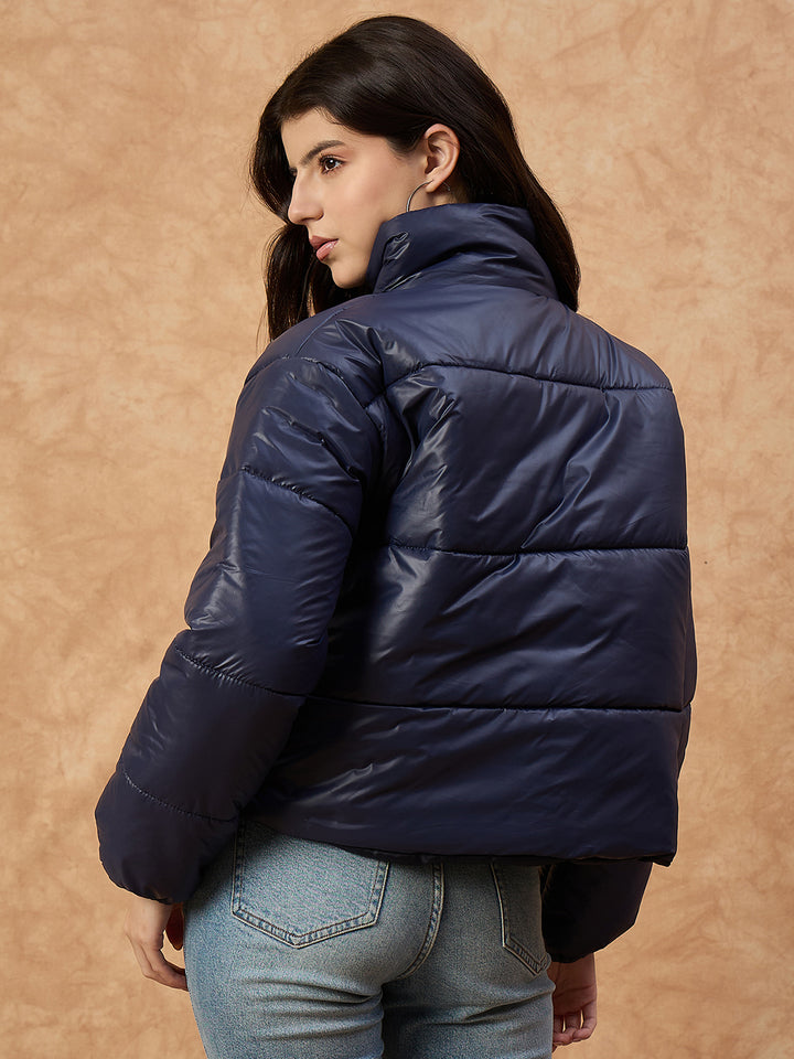 Women's  Blue High-Neck Puffer Jacket