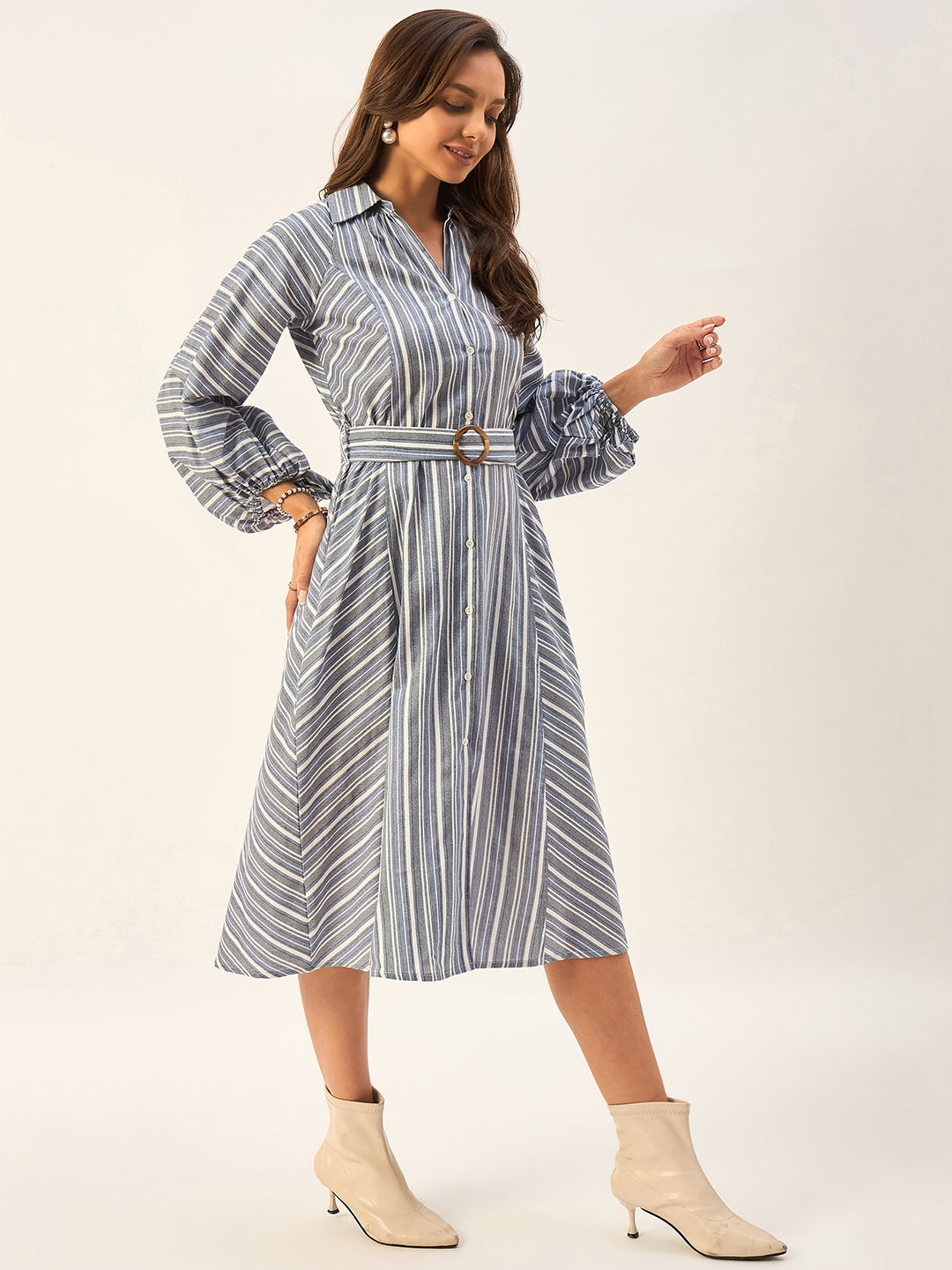 100% COTTON STRIPED DRESS WITH BALLOON SLEEVES AND BELT