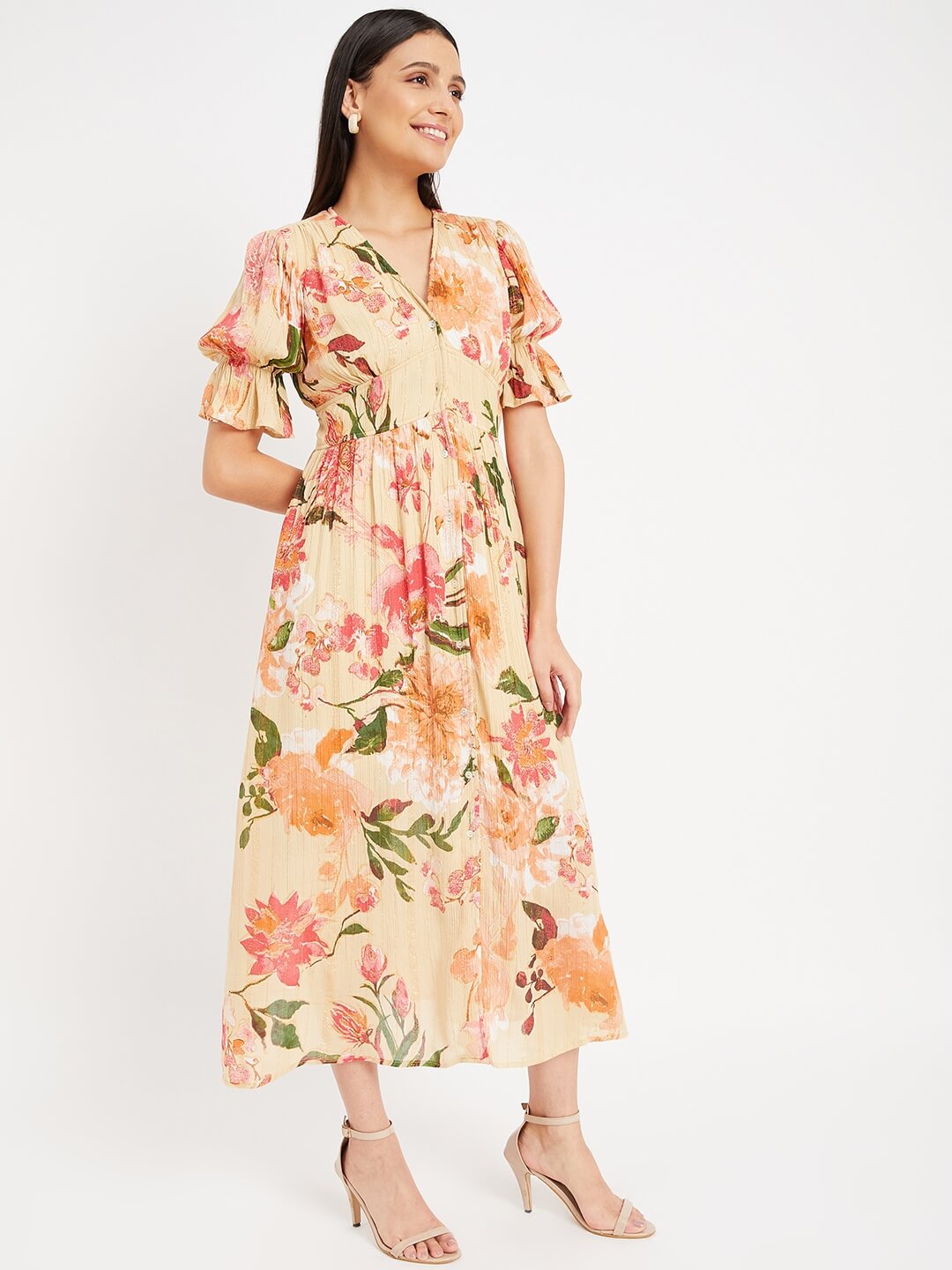 Floral Printed Beige Smoked Dress