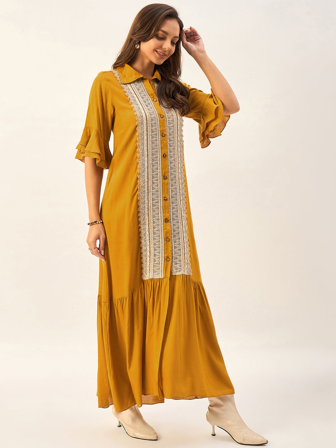 SHIRT COLLAR MAXI DRESS WITH BELL SLEEVES