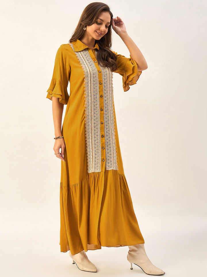 SHIRT COLLAR MAXI DRESS WITH BELL SLEEVES