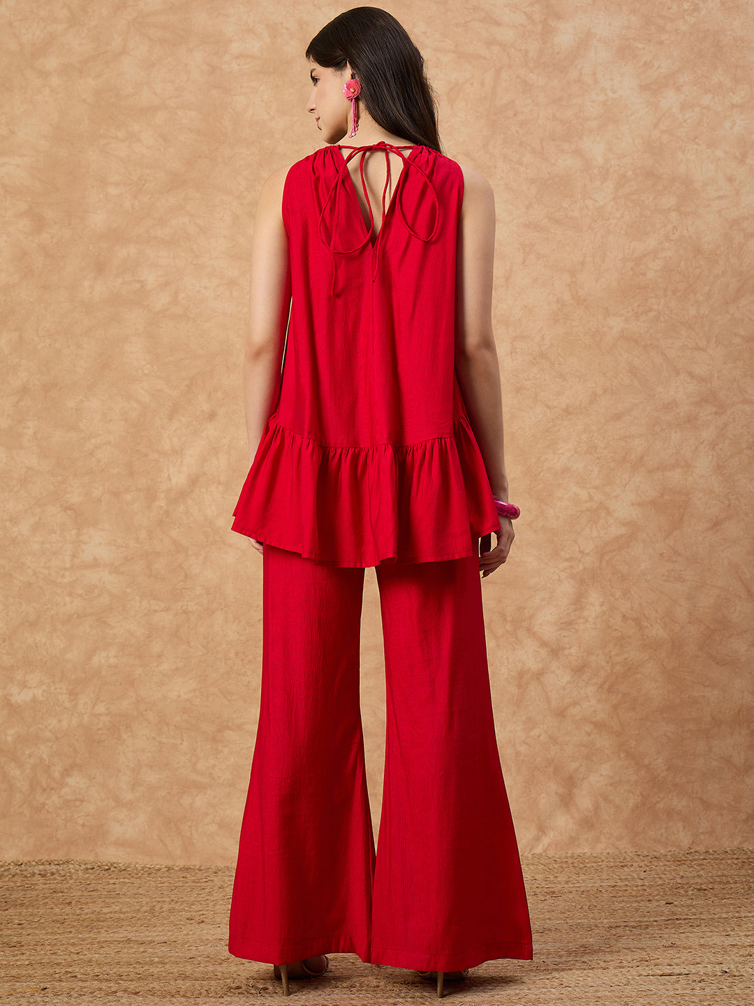 Women’s  Red Sleeveless Top with Flared Pants Co-ord Set
