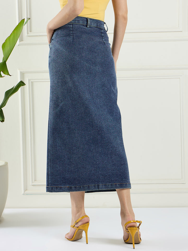 Women solid A- line denim skirt with front rise