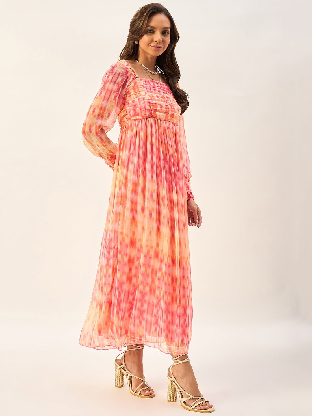 PRINTED FULL SLEEVE CHIFFON MIDI DRESS