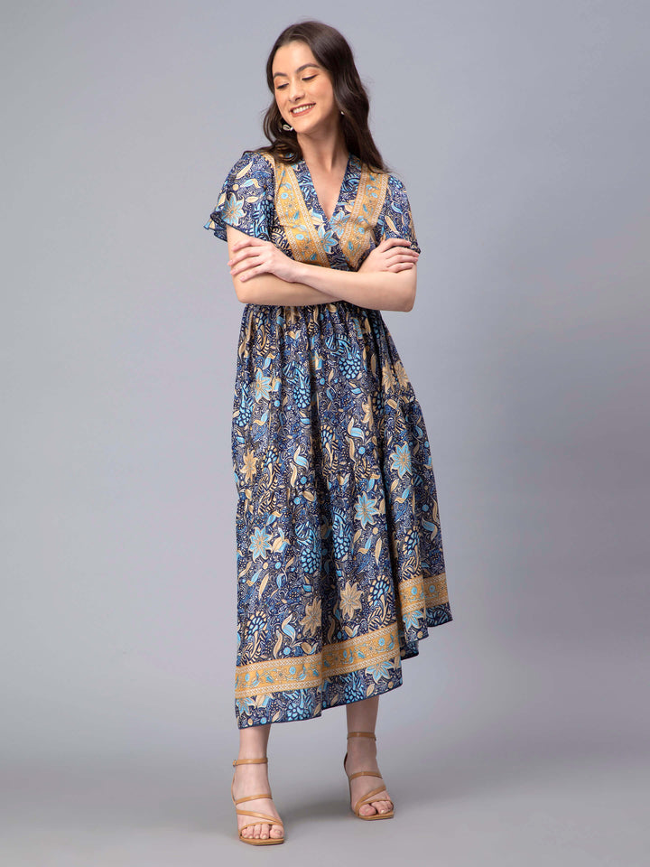 Navy Blue Floral Printed A-Line Dress