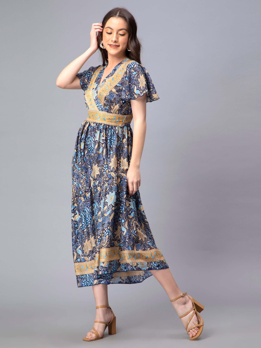 Navy Blue Floral Printed A-Line Dress