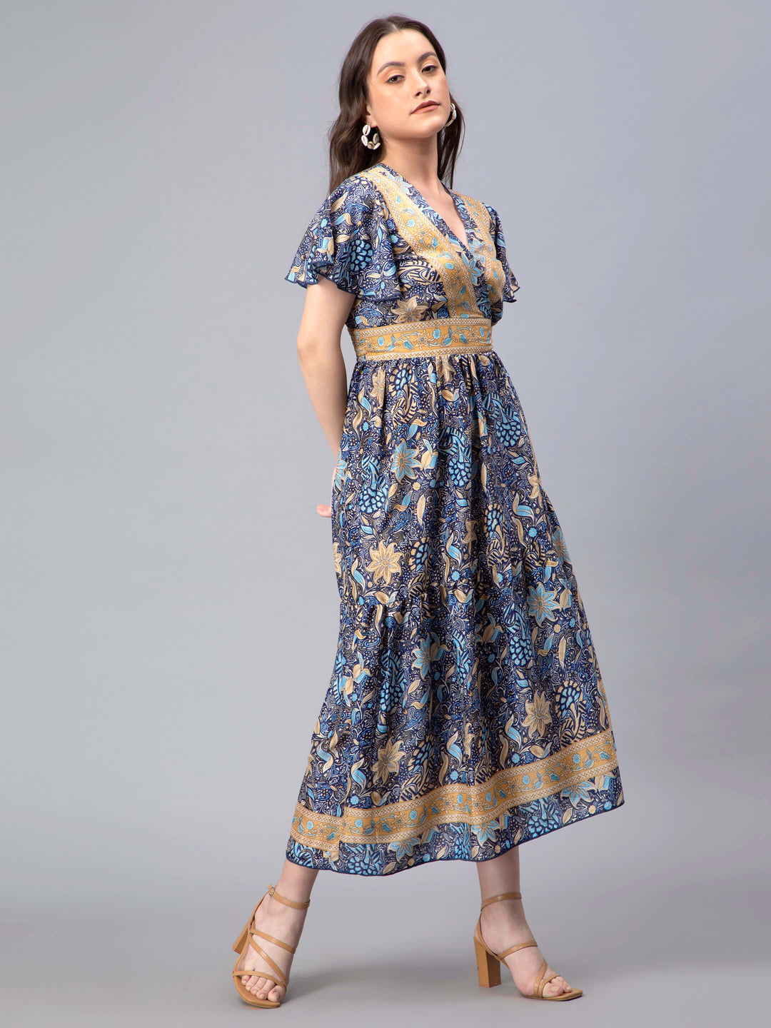 Navy Blue Floral Printed A-Line Dress