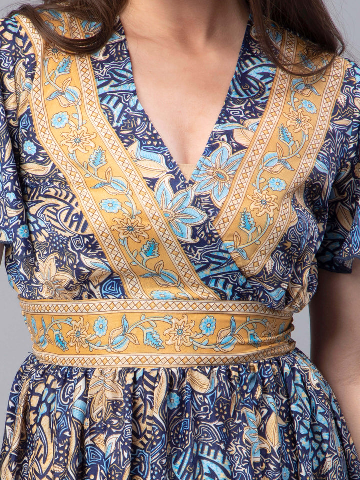 Navy Blue Floral Printed A-Line Dress