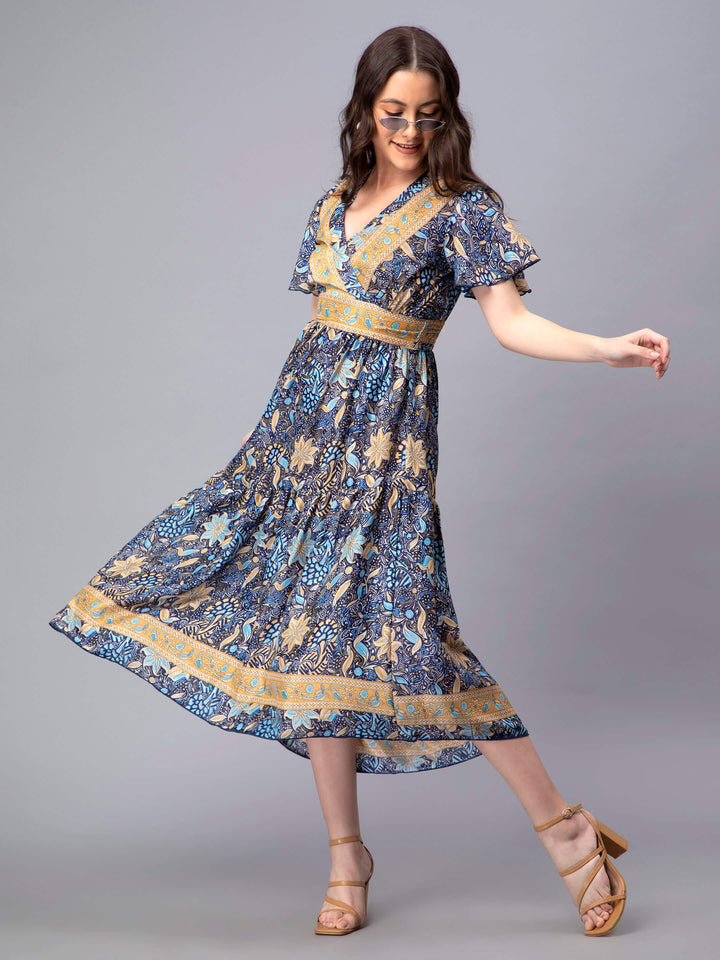 Navy Blue Floral Printed A-Line Dress