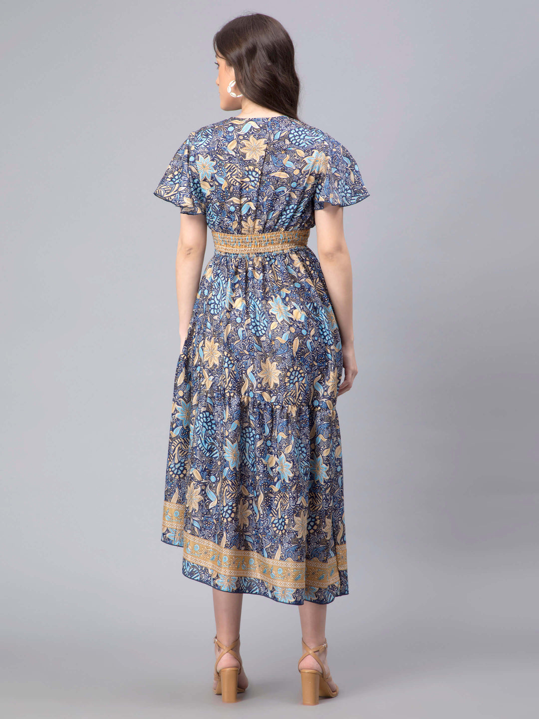 Navy Blue Floral Printed A-Line Dress