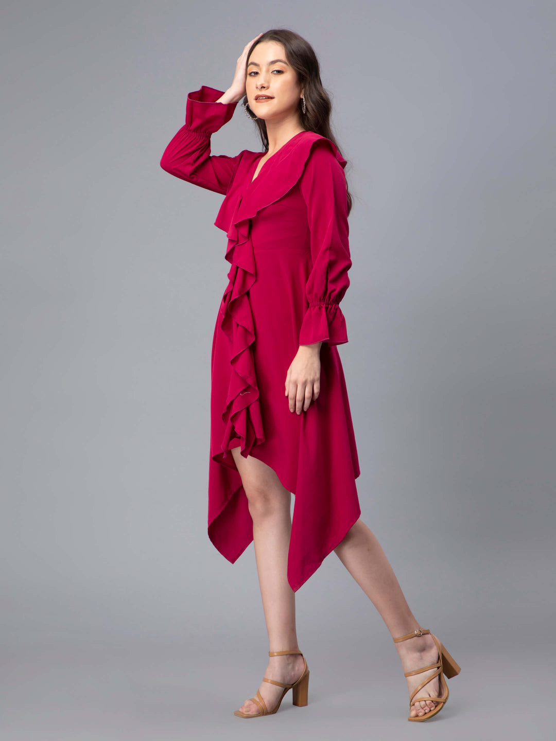 Solid Maroon Frilled Dress