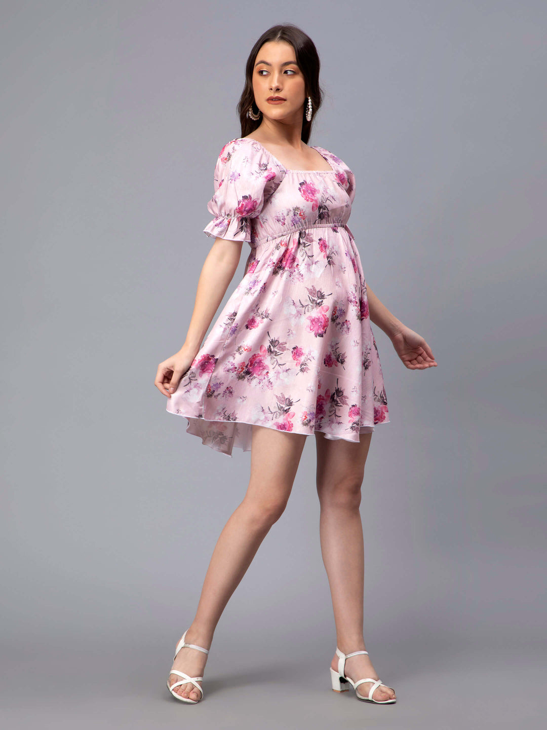 Floral Printed Pink Short Dress