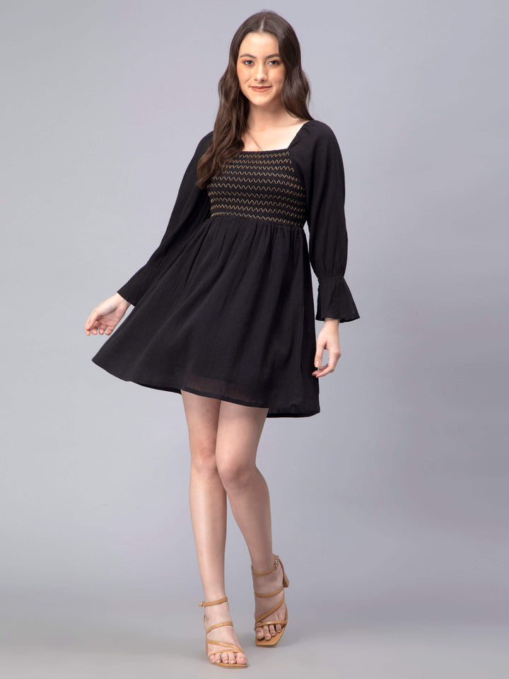 Fit and Flare Mini Dress Square Neck Smoked Dress