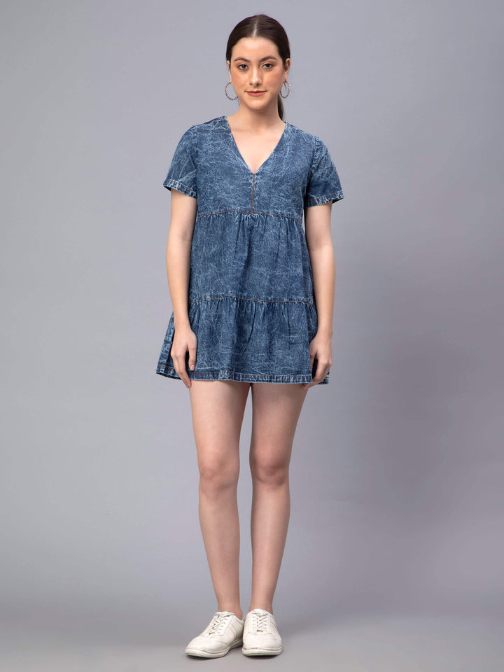 Blue Denim Tiered Short Dress