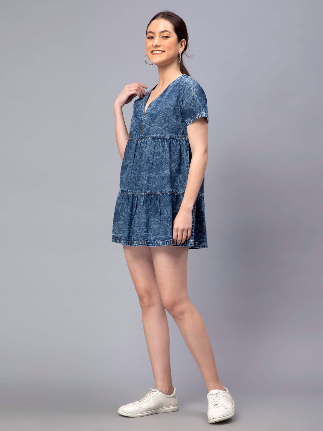 Blue Denim Tiered Short Dress