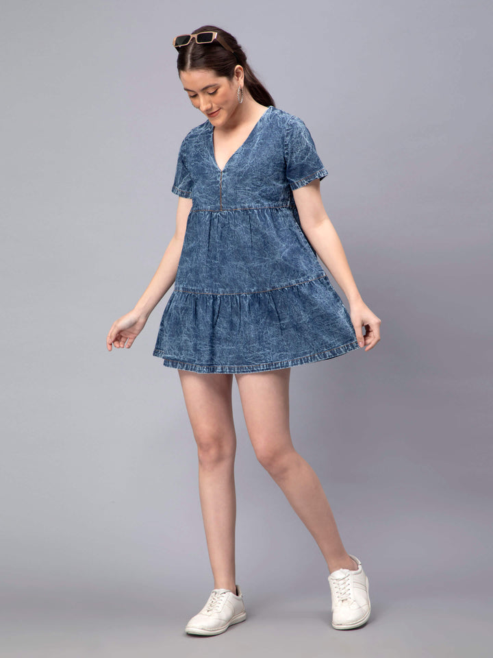 Blue Denim Tiered Short Dress