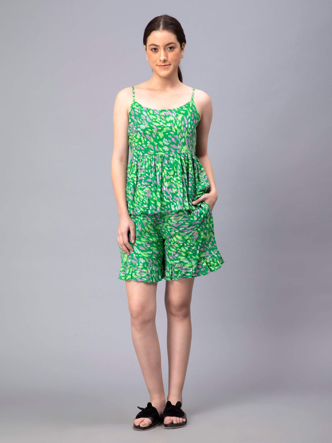 Green Printed Sleveless Top and Short Set