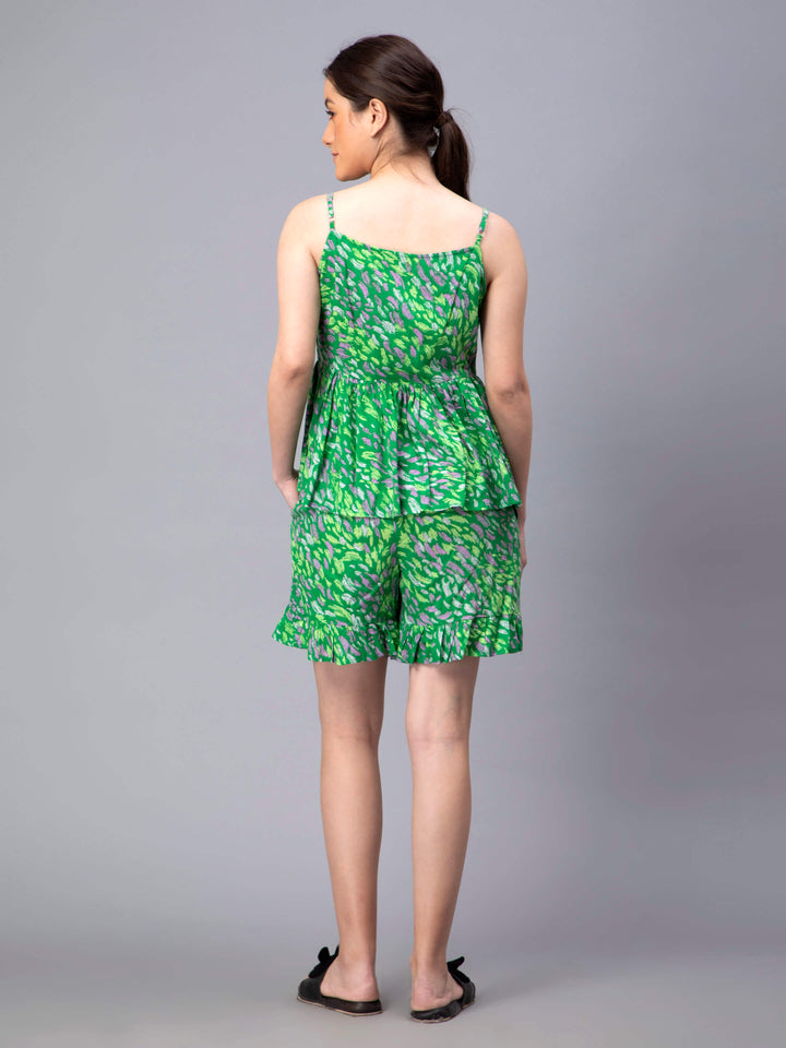 Green Printed Sleveless Top and Short Set