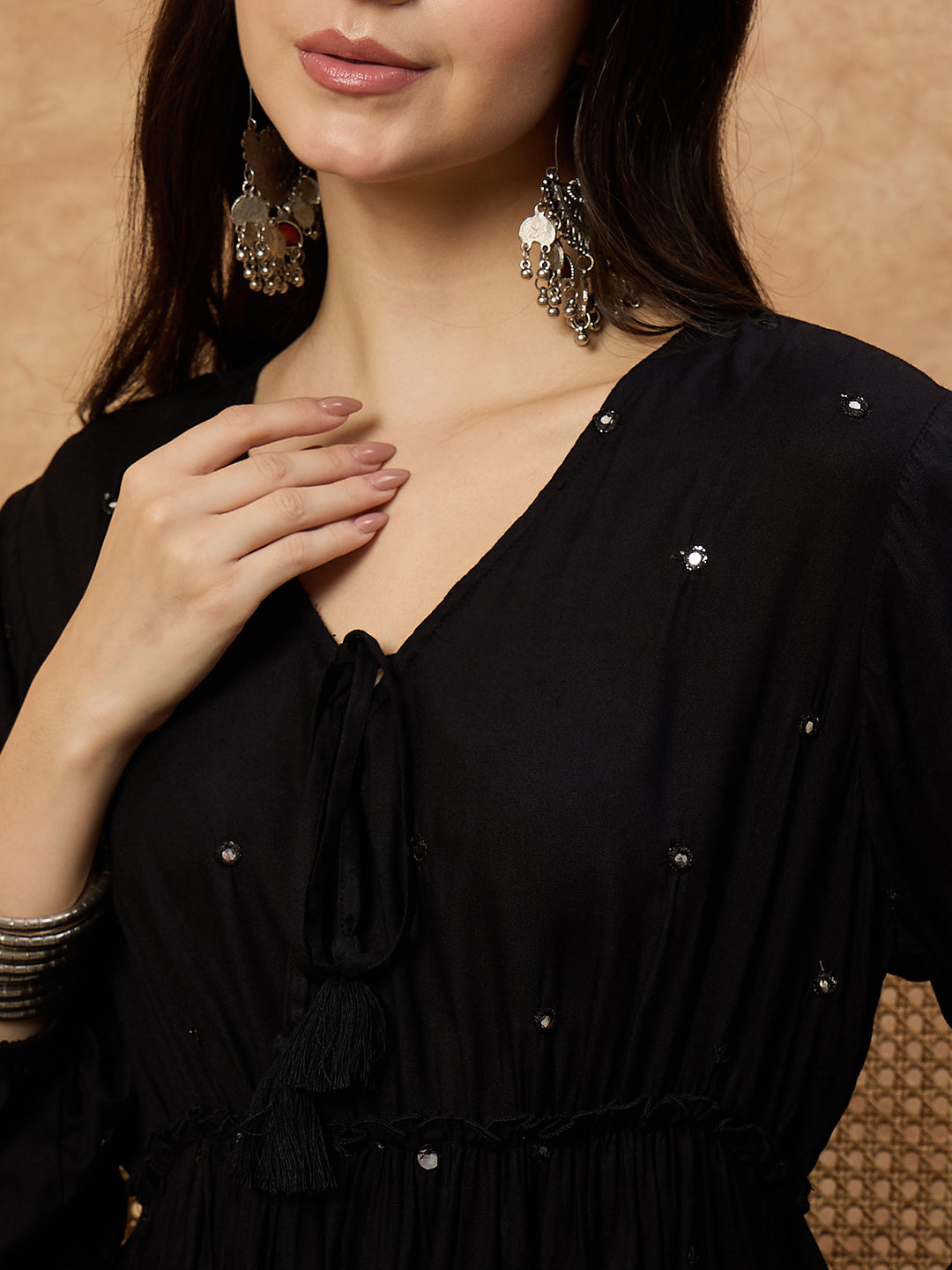 Women’s Black Mirror Work Short Dress in Soft Rayon