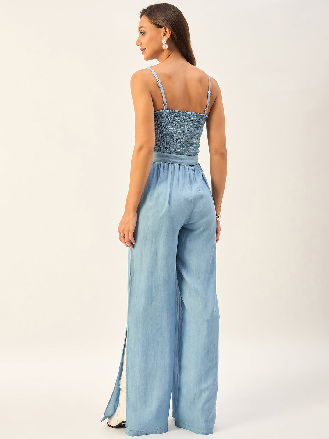 SMOCKED CAMISOLE TENCEL JUMPSUIT WITH SIDE SLITS