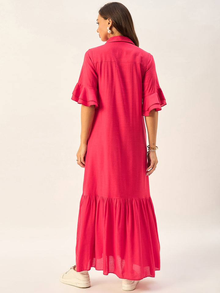 SHIRT COLLAR MAXI DRESS WITH BELL SLEEVES