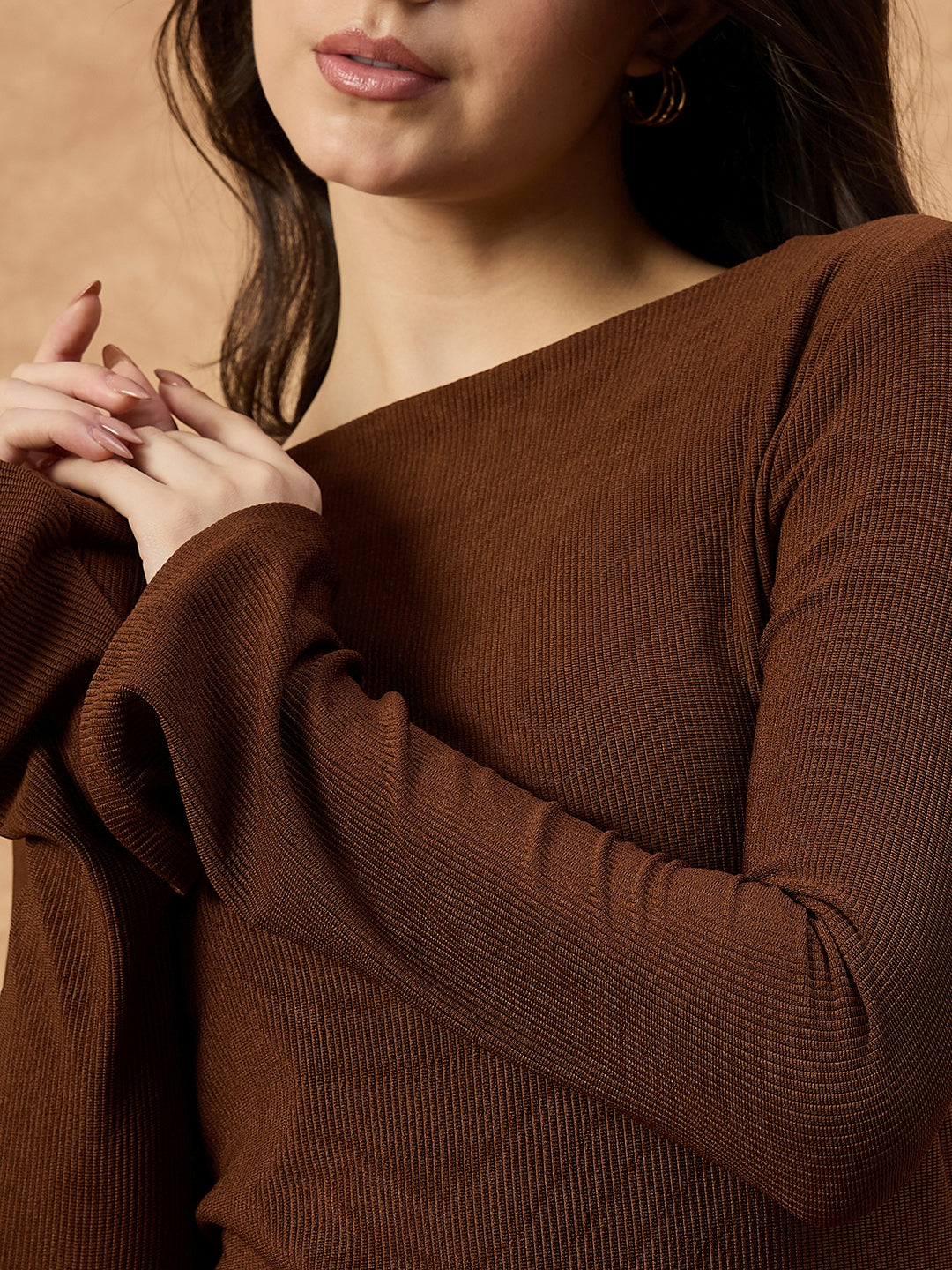 Women’s Beige Knit Stretch Co-ord Set with Full Sleeves Top and Straight Pants