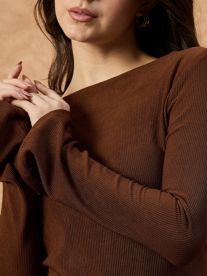 Women’s Beige Knit Stretch Co-ord Set with Full Sleeves Top and Straight Pants