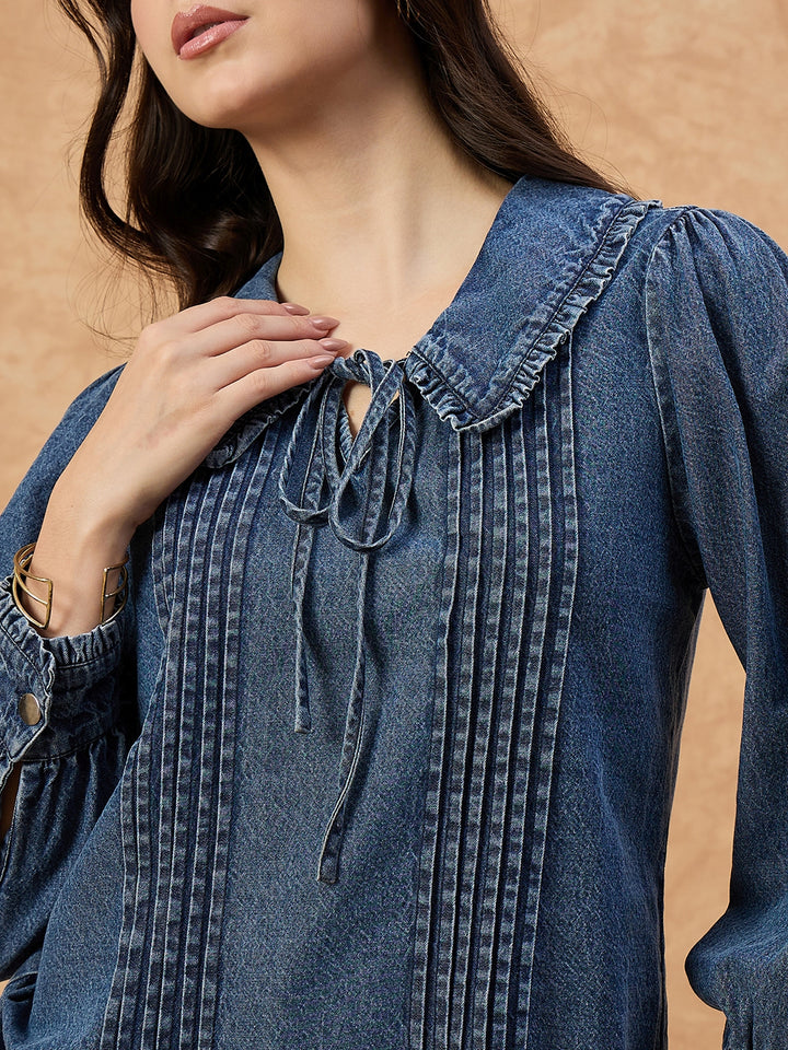 Women’s Dark Blue Denim Top with peter pan Collar & Pin-Tuck Detailing