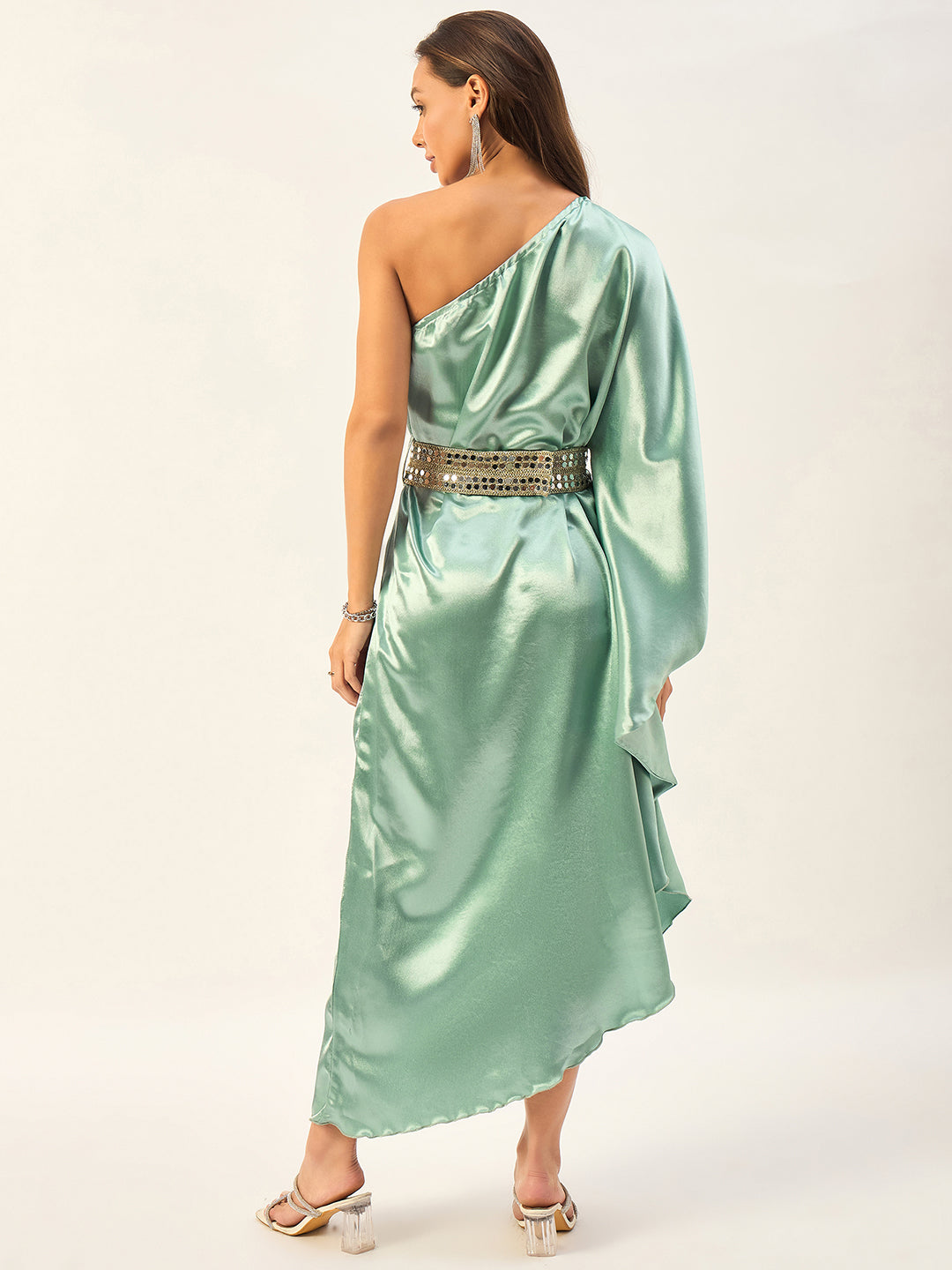 one shoulder kaftan dress with mirror work belt