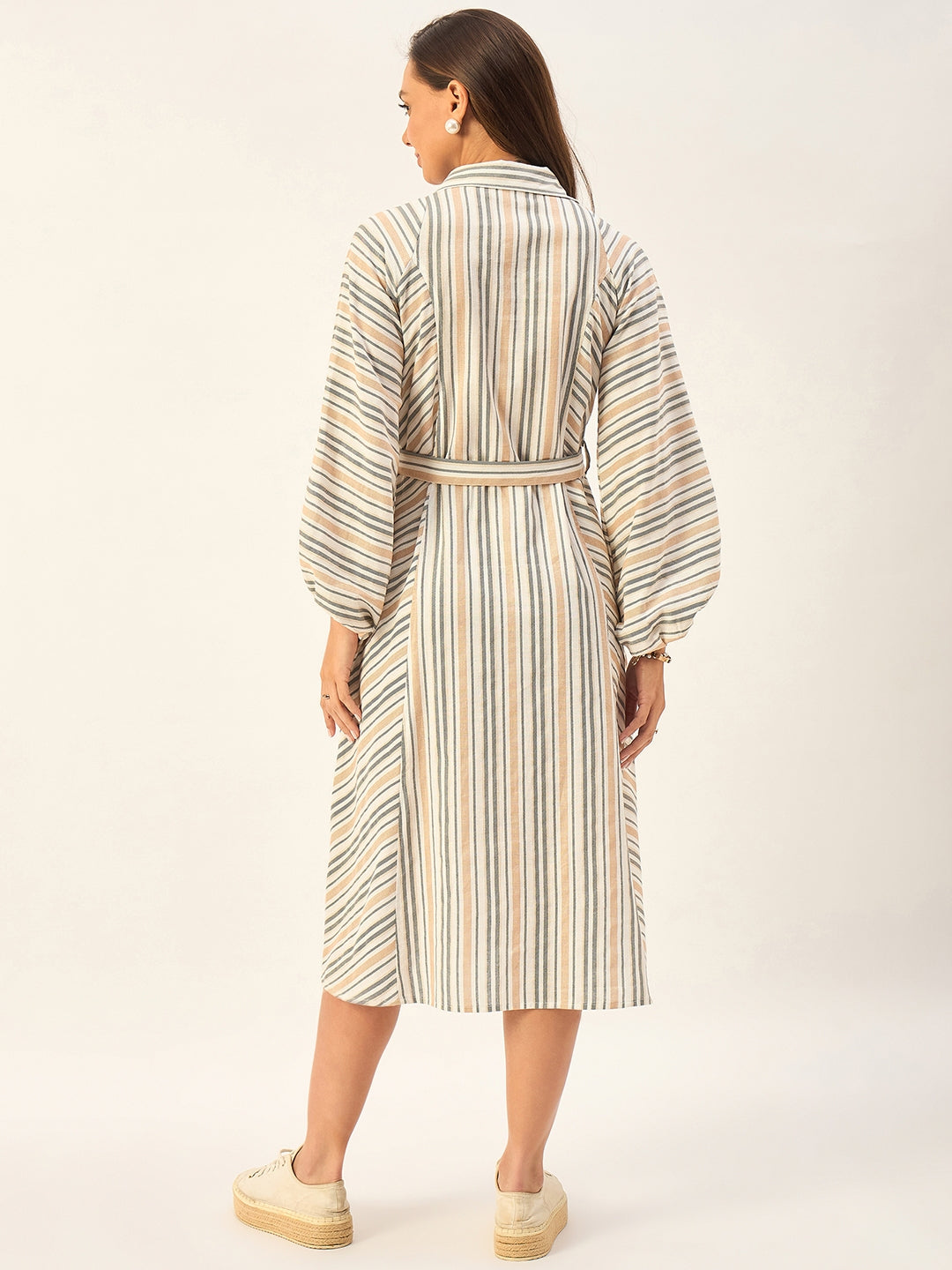 100% COTTON STRIPED DRESS WITH BALLOON SLEEVES AND BELT