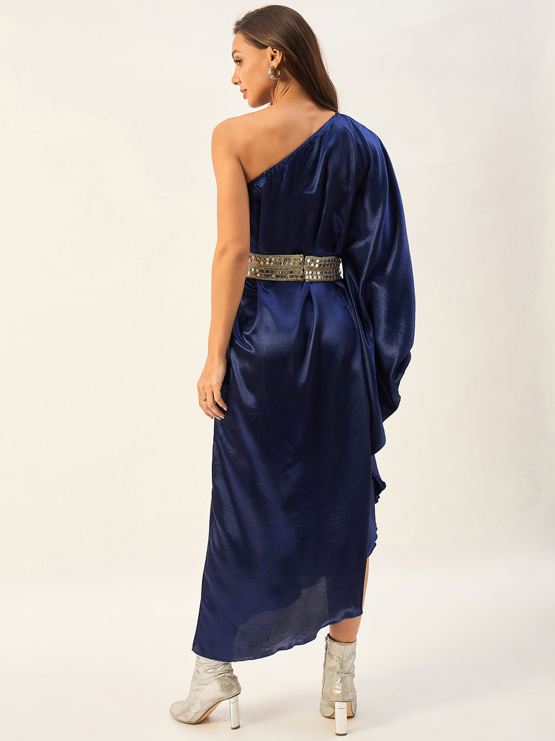 one shoulder kaftan dress with mirror work belt