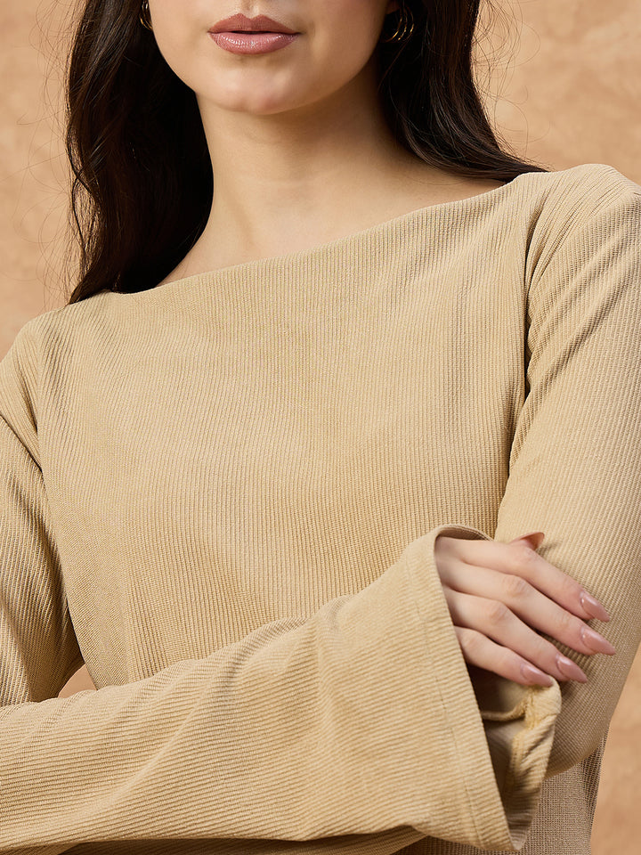 Women’s Beige Knit Stretch Co-ord Set with Full Sleeves Top and Straight Pants