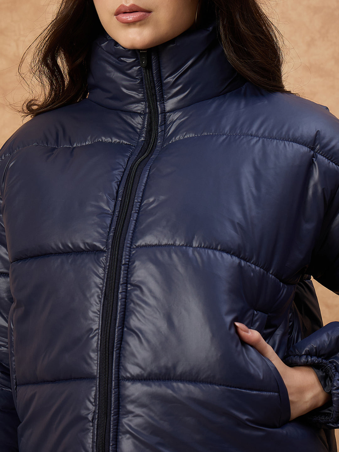 Women's  Blue High-Neck Puffer Jacket