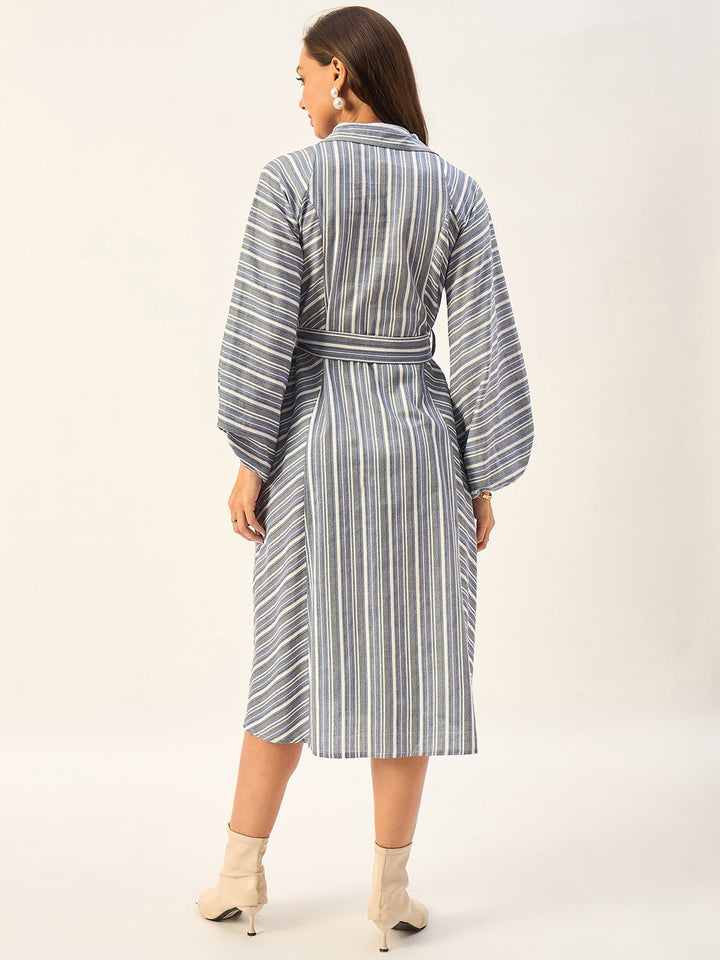 100% COTTON STRIPED DRESS WITH BALLOON SLEEVES AND BELT