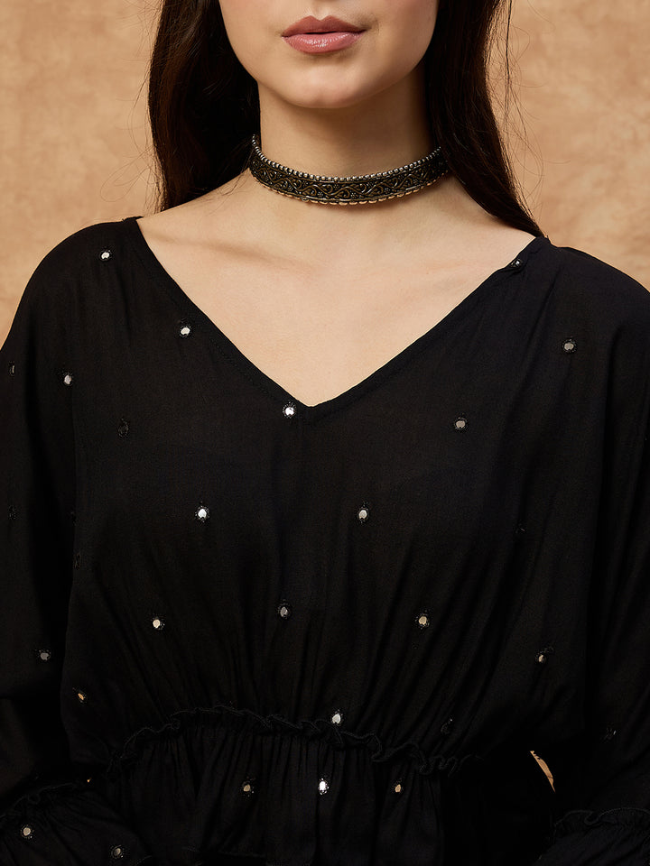 Women’s Black Rayon Co-ord Set with Mirror Work