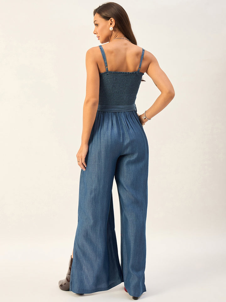 SMOCKED CAMISOLE TENCEL JUMPSUIT WITH SIDE SLITS