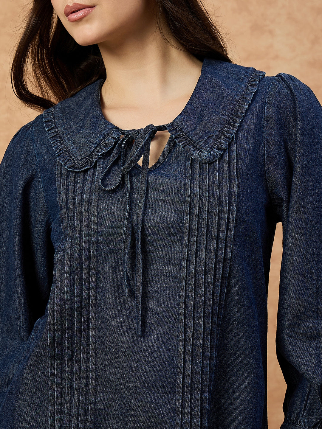 Women’s Dark Blue Denim Top with peter pan Collar & Pin-Tuck Detailing