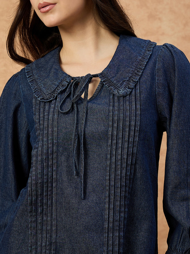 Women’s Dark Blue Denim Top with peter pan Collar & Pin-Tuck Detailing