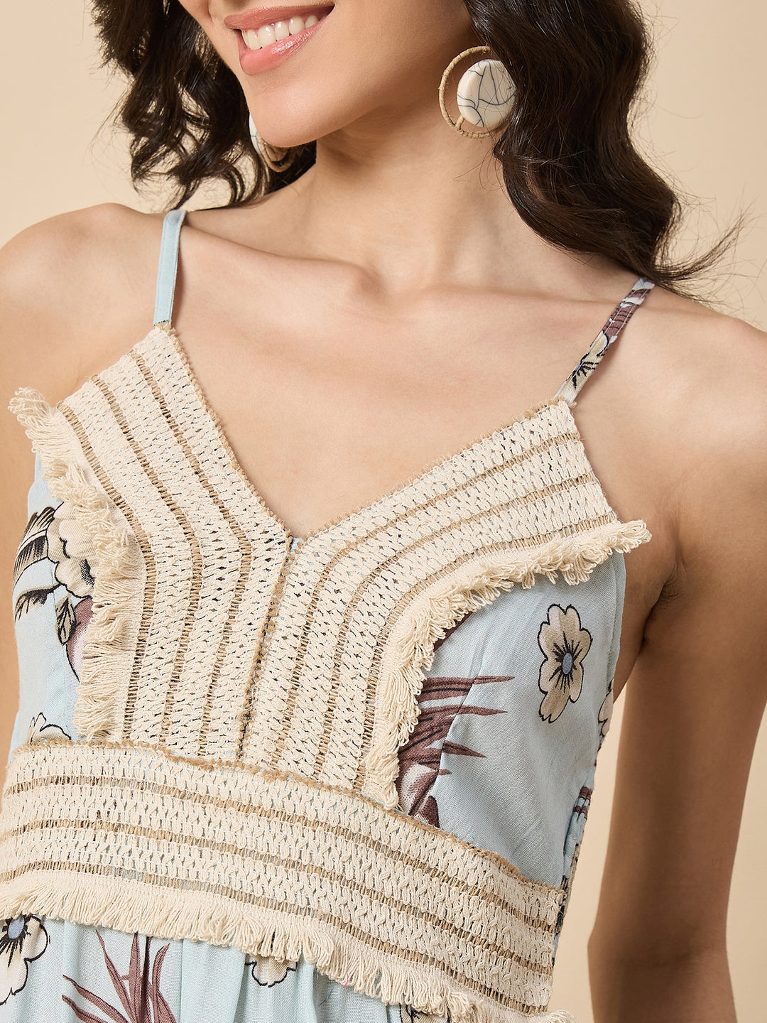 floral printed  tiered spaghetti dress with laces