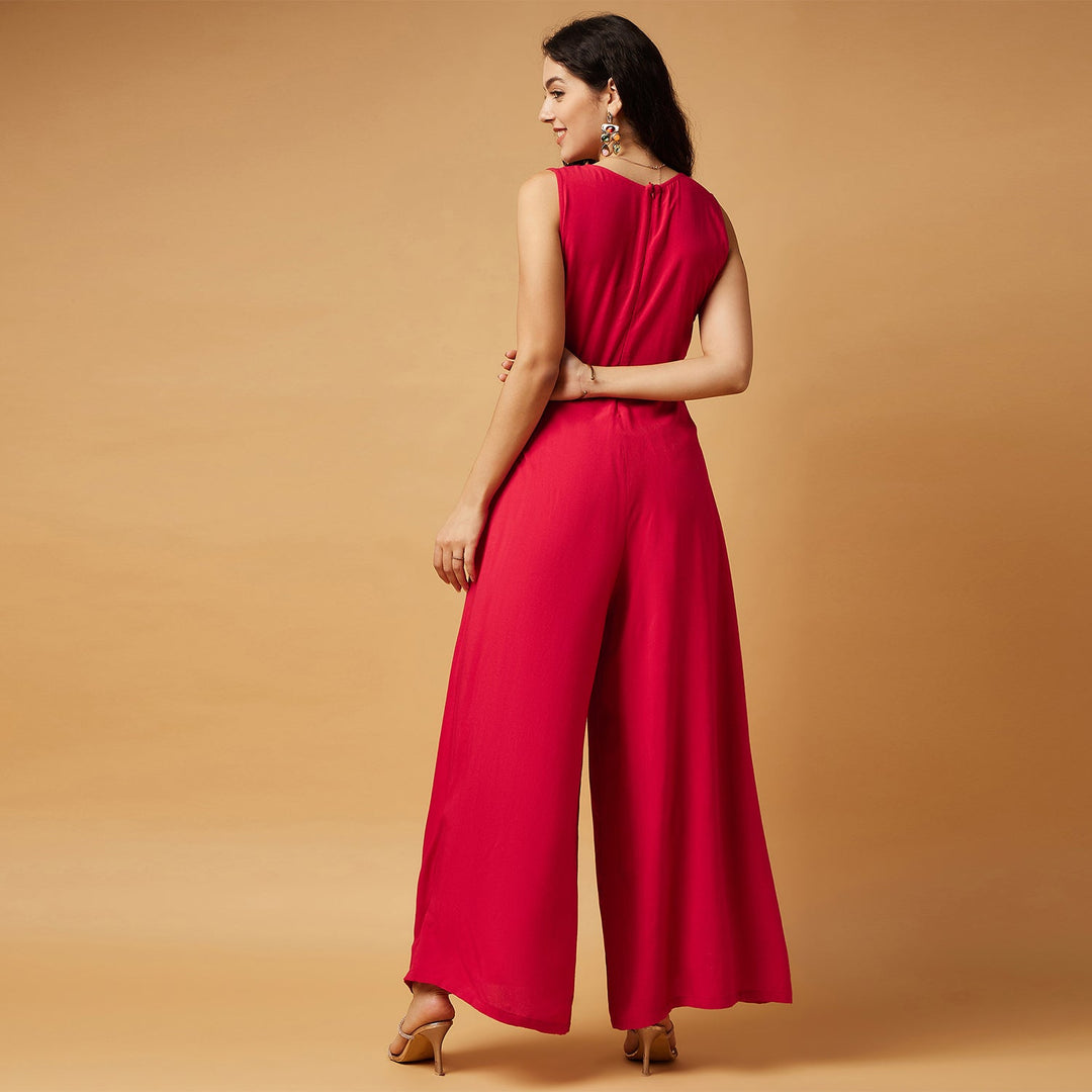 V' Neck Solid Flare Jumpsuit With Embellishment